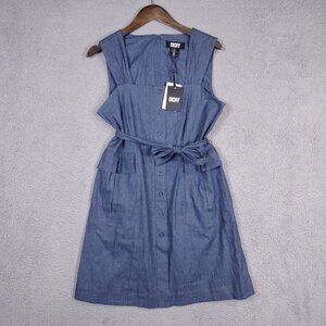 DKNY Dress Women's 12 Blue Chambray Tie Waist Snap Button Sleeveless Preppy NWT